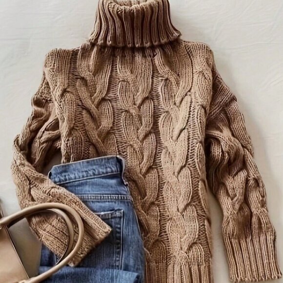Sweaters - Brown Casual Women's Comfortable Twisted Rope Pattern Textured High neck sweater